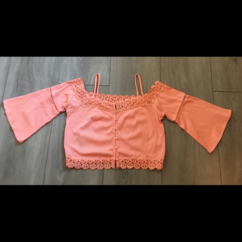 TopShop Peep Shoulder Crochet Bell Sleeve Crop Top